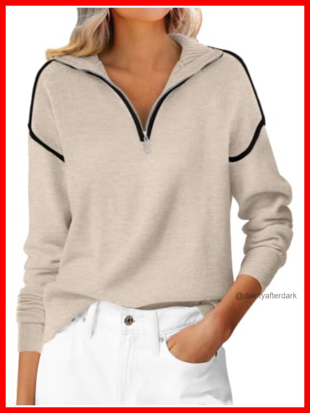 Quarter Zip Pullover Sweater Loose Fit Long Sleeve Knit Collared